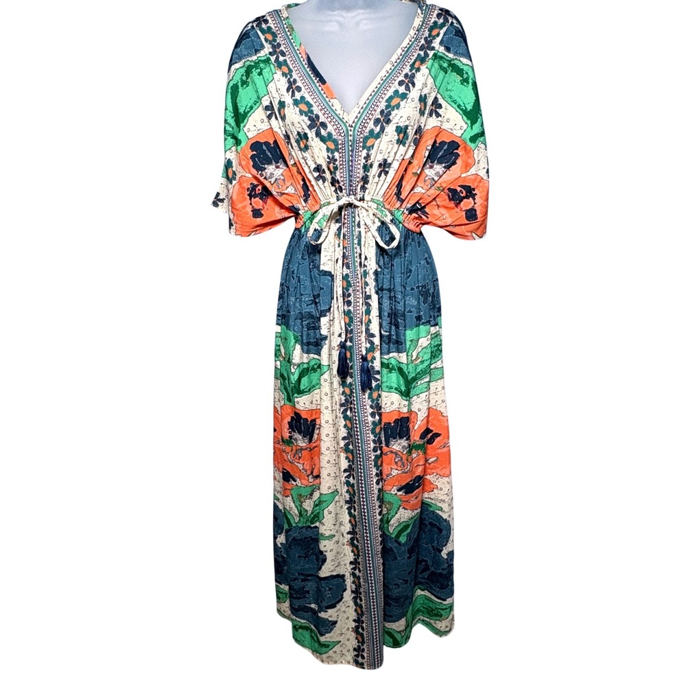 World Market S/M Kaftan Maxi Dress Floral Boho V-Neck Kimono Sleeve festival